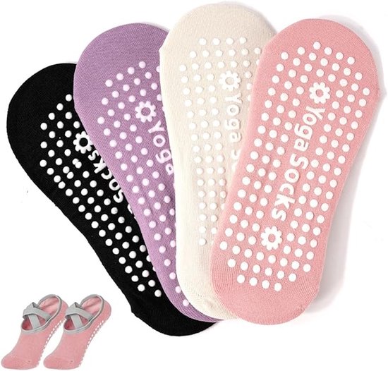 4 paar antislip yogasokken voor dames, katoenen pilatessokken, maten 36-39, met antislipbandjes, geschikt voor dans, ballet en fitness. van Merkloos