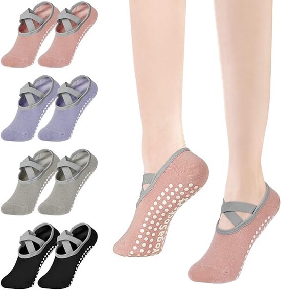 4 paar antislip yogasokken voor dames - yogasokken - pilatessokken - antislipsokken - balletsokken - katoen - dichte teen - grijs, roze, paars, zwart van Merkloos