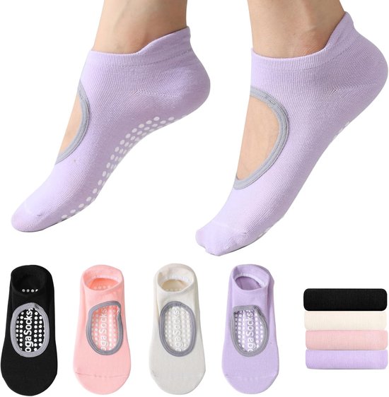 4 Paar - Dames Antislip Yoga & Pilates Gripsokken - Ademend Polyester Sokken - Voor Binnen Gebruik - Voor Ballet, Dans, Fitness & Dagelijkse Workouts - 4 Verschillende Kleuren van Merkloos