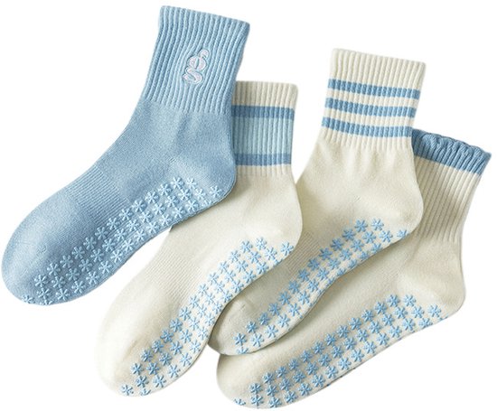 4 Paar - Dames Antislip Yoga Pilates Sokken - Blauwe sokken - Antislip sokken - Yoga Sokken - Ademend Katoenen Enkelsokken met Grip - Voor Ballet, Dans, Fitness & Dagelijkse Workouts van Merkloos