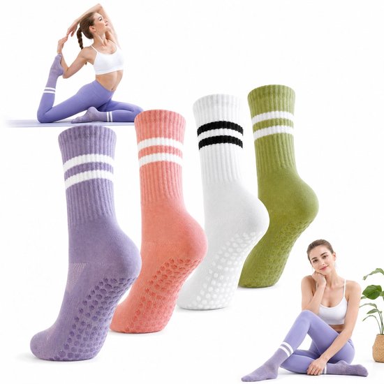 4 paar dames pilates sokken met grips, antislip, voor yoga en fitness