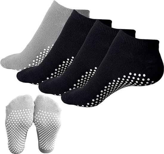 4 paar pilates- en yogasokken — Unisex antislipsokken — Geschikt voor vechtsporten, ballet en fitness — Eén maat past iedereen, 3 zwarte, 1 grijze