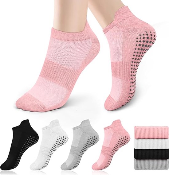 4 paar pilates-sokken voor dames (maat 36-41), antislip yogasokken met gripzool voor pilates, barre, ballet, dans, revalidatie en fitness; sokken met grip voor dames en heren van Merkloos