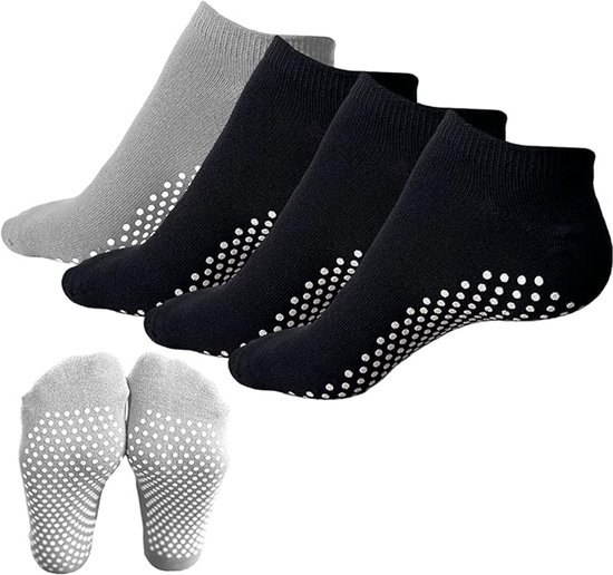 4 paar Pilates yogasokken, antislipsokken, unisex, geschikt voor vechtsporten, ballet, fitness en andere sporten, one size fits all, zwart + grijs