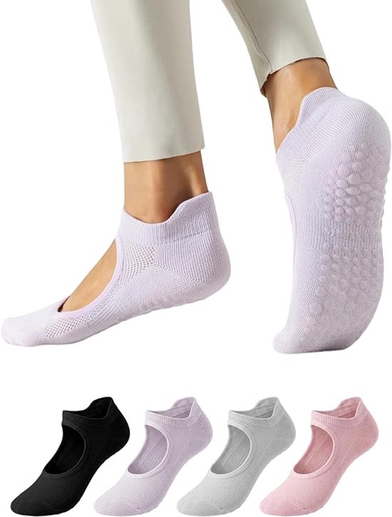 4 paar sokken - antislipsokken - Yoga Sokken - vloersokken - geschikt voor yoga, ballet, dans, blotevoetentraining - roze, grijs, zwart, paars