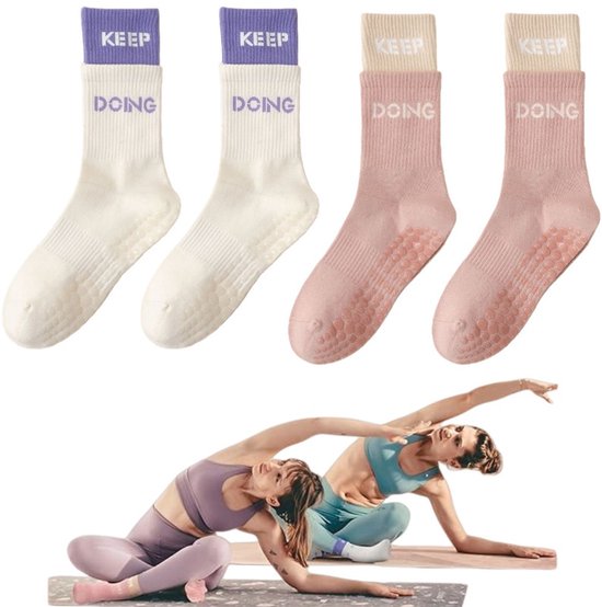 4 paar - Sokken - Sokken Antislip - Yoga Pilates Sokken - Yoga Sokken - Antislip loungesokken - sportsokken - sokken tot halverwege de kuit - met antisliptextuur - wit en roze - Geschikt voor Pilates, Fitness, Ballet, Thuisworkouts van Merkloos
