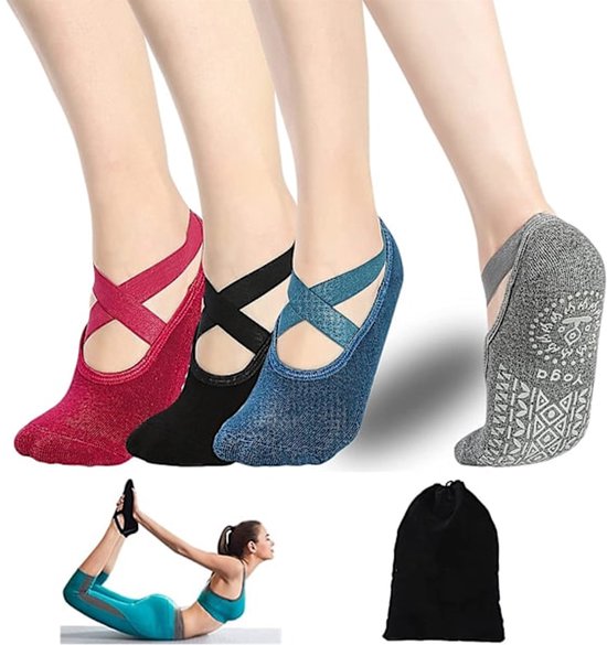 4 paar sokken - yogasokken - antislipsokken - vloersokken - yoga sportsokken - one size fits all - geschikt voor ballet, dans, sport - rood, blauw, zwart, grijs van ToeSox