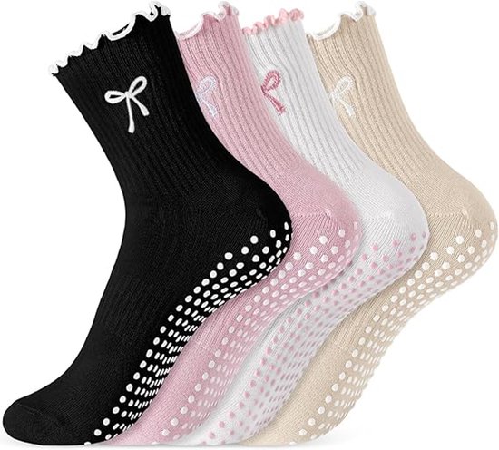 4 paar - Sportsokken - Yoga Sokken - Sokken Dames met ruches - Antislip Sokken - Yoga Pilates Sokken met Grip - Antislip Katoenen Sokken - Pilates - Fitness Sokk - dichte tenen - schattige pilates sokken - Dames hoge Pilates antislip sokken van Merkloos