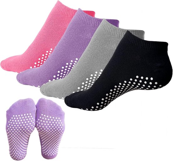 4 Paar Yoga Sokken voor Mannen en Vrouwen met Handvatten, Antislip Pilates Sokken, Katoenen Ballet Sokken voor Thuis, Ziekenhuis en Fitness