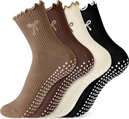 4 Paar yogasokken - Met strik & ruche - Anti-slip - Voor sport en ballet