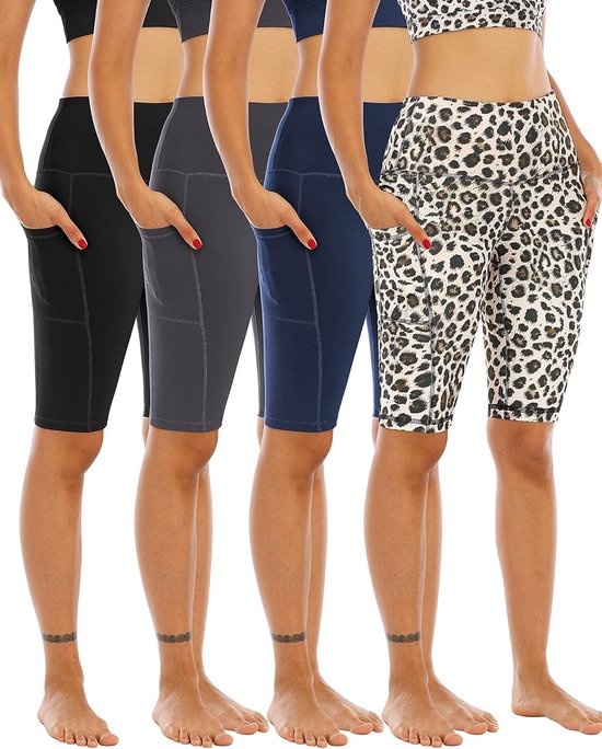 4-Pack Yoga Shorts met Zakken voor Dames - Hoge Taille Atletische Gym en Hardloopshort
