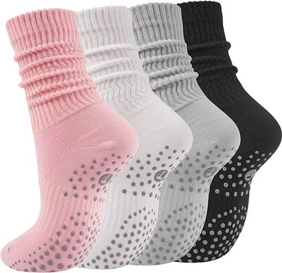 4 paren Yoga Slouch Sokken met Grip, Antislip sokken, antislip sokken pilates, yoga sokken, Grip sokken voor vrouwen en mannen, yoga sokken antislip, voor Workout Ziekenhuis Lange Scrunch Slipper Sokken - Cyslmuk® van Cyslmuk