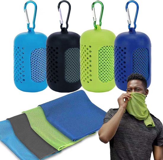 4 Stuks - Towelling Sporthanddoek - 90x30cm - Met Siliconen Hoes en Karabijnhaak - Verkoelende Handdoeken - Cooling Towel - Ice Towel - Koel - Absorberend - Sneldrogend - Voor Sportschool, Training, Yoga en Sport -Blauw/Donkerblauw/Zwart/Groen