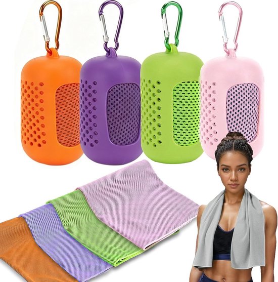 4 Stuks - Towelling Sporthanddoek - 90x30cm - Met Siliconen Hoes en Karabijnhaak - Verkoelende Handdoeken - Cooling Towel - Ice Towel - Koel - Absorberend - Sneldrogend - Voor Sportschool, Training, Yoga en Sport -Oranje/Paars/ groen/Roze