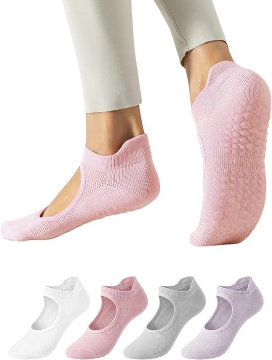 4 Stuks Yoga Sokken Antislip - Pilates Sokken Antislip Dames - Yoga Sokken - Pilates Yogasokken - Gripsokken voor Yoga / Pilates / Ballet - Antislip sokken - Sportsokken - Yoga Sport sokken - One size - voor vechtsporten, dans, barre, gymnastiek
