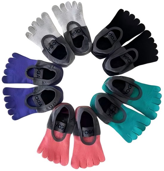5-delige Antislip yogasokkenYogasokken - Sokken - Antislip Sokken - Barre Sokken, Siliconen Greep, Ademend Weefsel,Toepasselijke maten 35-39 - Katoen - Eén Maat - Geschikt voor yoga, pilates, fitness en thuisgebruik - Zwart,Groen, Paars, Rood, Grijs