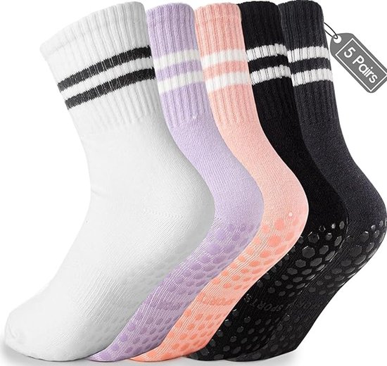 5 paar - Antislip sokken - Dames hoge Pilates antislip sokken - Yoga Pilates Sokken met Grip - 5 kleuren - Katoen - Antislip Katoenen Sokken - Yoga Sokken - Antislip enkelsokken - Voor Ballet, Dans, Workouts van Merkloos