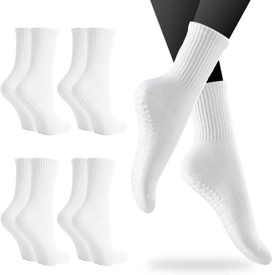 5 paar antislipsokken voor dames - Gripsokken voor pilates, yoga en dans - Wit - One size