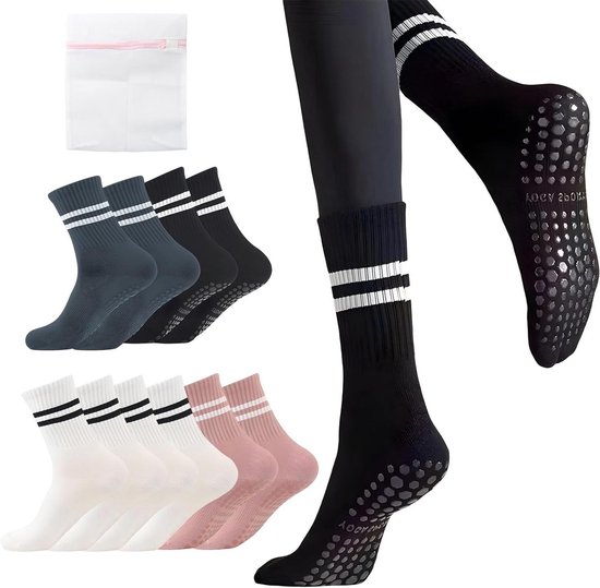 5 paar dames antislip sokken voor yoga, pilates en fitness - maat EU 35-42, in wit, zwart, grijs en roze