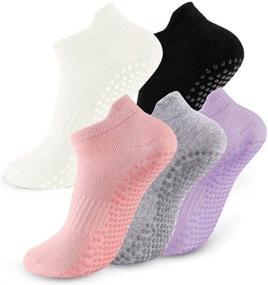 5 Paar - Dames Antislip Yoga Pilates Sokken - Yoga Sokken - Antislip sokken - Ademend Katoenen Enkelsokken met Grip - Roze, zwart, grijs, wit, paars - Voor Ballet, Dans, Fitness & Dagelijkse Workouts van Merkloos
