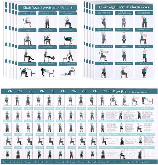 5 Piece Set Yoga Poster voor Senioren en Beginners - 3 Designs Fitness Stoel Workout Poster - 30 Dagen Rek- en Balansoefeningen - Flexibiliteit Training Wanddecoratie voor Thuis Yoga Kamer van Merkloos