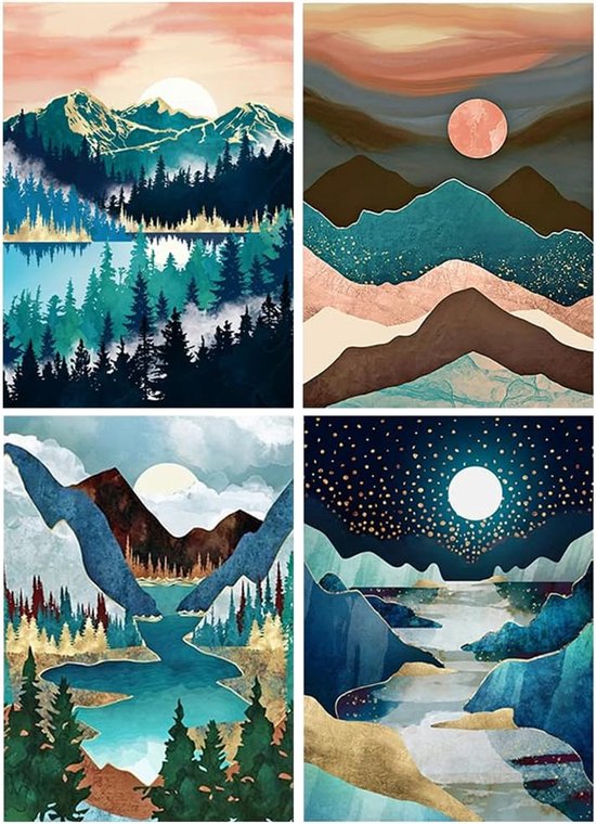 5D Diamond Painting 4 Pack 12x16 in/30x40 cm Diamond Painting Abstract Schilderij Diamond Art Landschap Bergen en Rivier Volwassen Diamant Schilderen op Nummers Volledige Boor Kristal Set