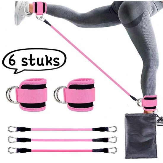6-delige enkelweerstandsbandenset - Fitness enkelband met 2 haken voor been- en bilspieroefeningen - Roze kleurverloop (3 banden, inclusief een paar normale roze voethoezen met zwarte gespen) - Roze