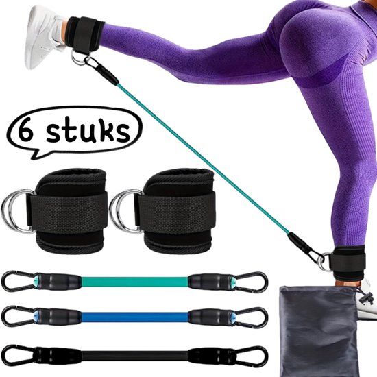 6-delige enkelweerstandsbandenset - Fitness enkelband met 2 haken voor been- en bilspiertraining - Drie banden in groen, blauw en zwart (inclusief een paar zwarte voethoezen met zilveren gespen) - Zwart van Merkloos