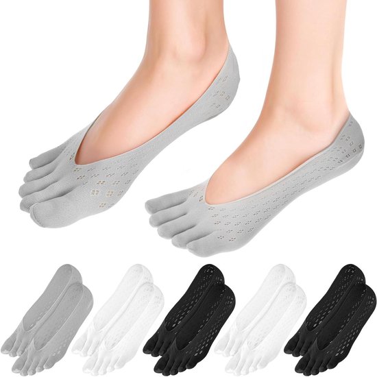 6 paar anti-slip teensokken voor dames maat 39-42 zwart-wit met rubberen strips - elastische vijfvinger no-show sokken voor pilates en yoga van Findcool