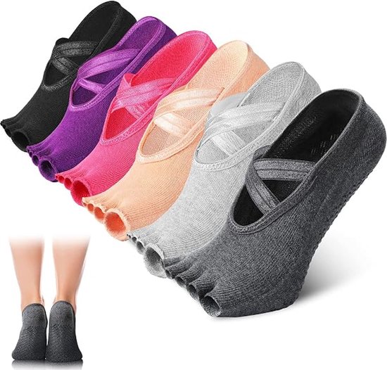 6 Paar Anti-slip Yogasokken - Yoga Sokken Antislip Dames - Teensokken - Danssokken - Sportsokken - Sportsokken met open teen - Gripsokken Pilates Yogasokken - Pilatessokken - Yoga - Yogasok - Voor ballet, dans en workouts