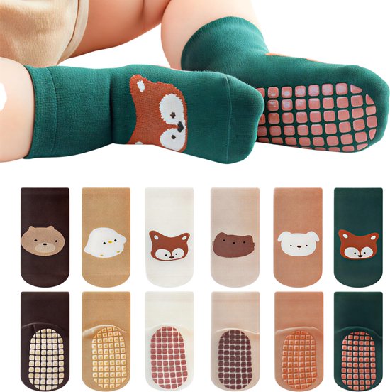 6 Paar Antislip Kindersokken Maat S (0–1 Jaar, 10–11 cm) – Cartoon Vos & Beer Vloersokken voor Jongens en Meisjes - Baby & Peuter Sokken, Zachte Anti-Slip Sokken voor Kinderen, Leuke Cartoon Sokken van Merkloos