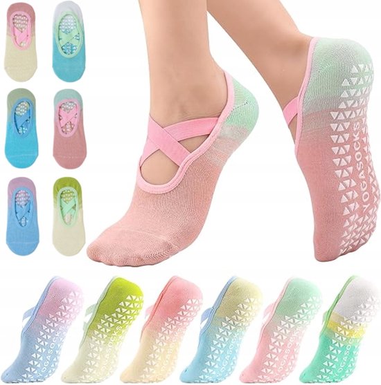 6 paar antislip pilatessokken met bandjes - katoen, yogasokken