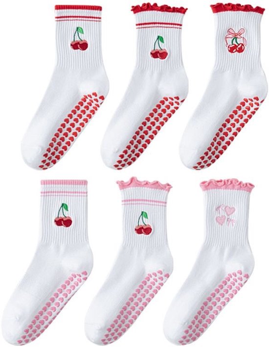 6 Paar - Dames Ruche Antislip Yoga Gripsokken - Antislip sokken - Kersen Hartjes Geborduurde Zachte Sokken - Katoen - Wit - Zachte Ademende Sokken - Voor Binnen Gebruik, Pilates, Ballet & Fitness van Merkloos
