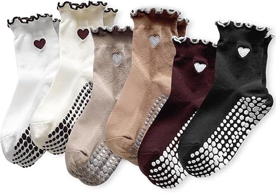 6 Paar - Dames Ruche Antislip Yoga Gripsokken - Antislip sokken - Zachte Ademende Sokken - Met Hartjes Borduurwerk - Katoen - Voor Binnen Gebruik, Pilates, Ballet & Fitness - 6 Warme Kleuren van Merkloos