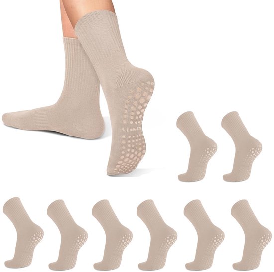 6 Paar - Sok - Antislip Sokken Dames - Yoga & Pilates Sokken - Grip Sokken - Alledaagse casual sokken - Wandelsokken - Naadloos - Geschikt voor Casual, Bedrijf, Sport - Vochtregulerend - Bruin - 80% Katoen - 34-40 (EU)