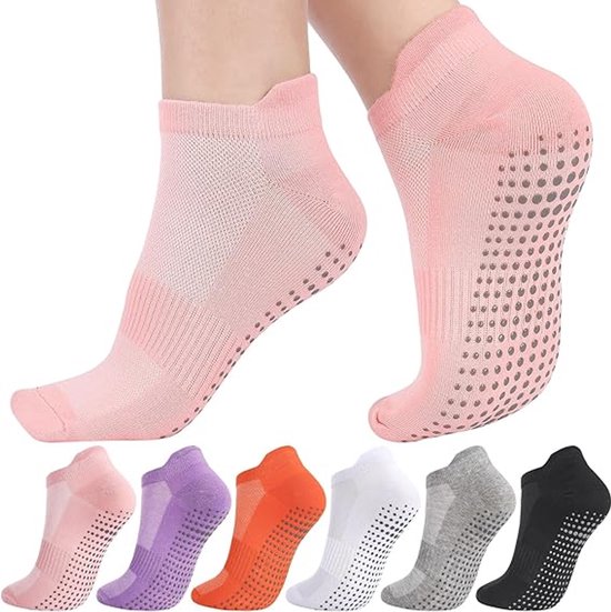6 paar - Sokken - Pilatessokken - Yogasokken - Antislipsokken - Pilates antislipsokken - Dames antislipsokken - antislip yogasokken - vloersokken voor thuis - voor Pilates, trampoline, fitness, ballet - wit, grijs, zwart, oranje, paars, roze van Merkloos