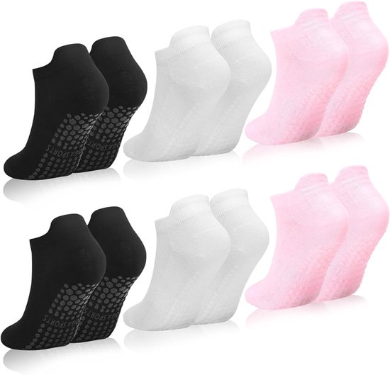 6 paar - Sokken - Yogasokken - Pilates-sokken voor dames - antislip yoga sokken - met grip - sportsokken voor dames - Damessokken - zwart , wit en roze van Merkloos