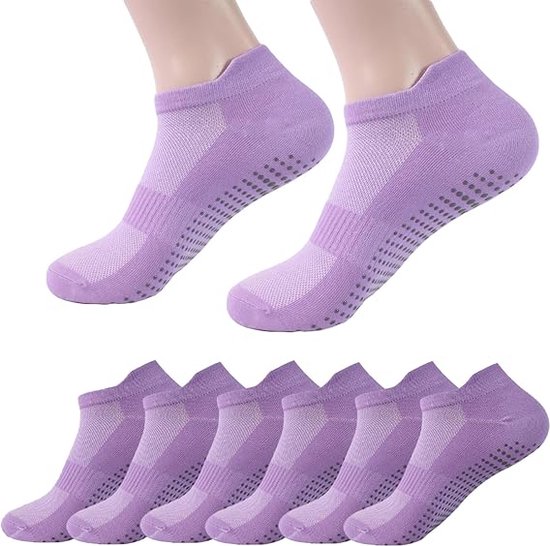 6 paar yogasokken met grip voor dames, antislip pilates grip sokken, ziekenhuissokken, ballet barre sokken voor dans - Paars