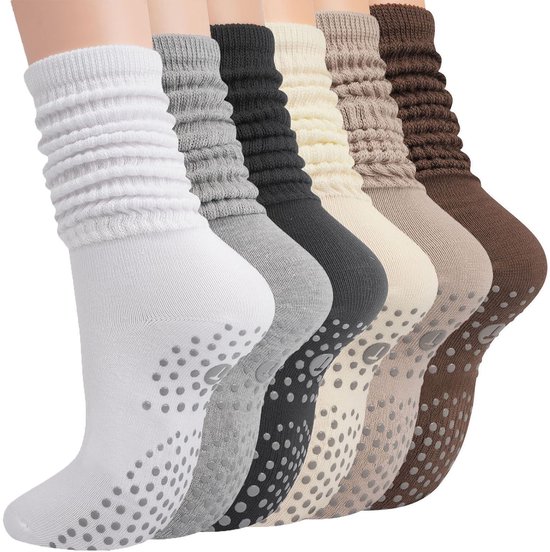 6 paren Yoga Slouch Sokken met Grip, Antislip sokken, antislip sokken pilates, yoga sokken, Grip sokken voor vrouwen en mannen, yoga sokken antislip, voor Workout Ziekenhuis Lange Scrunch Slipper Sokken - Cyslmuk® van Cyslmuk