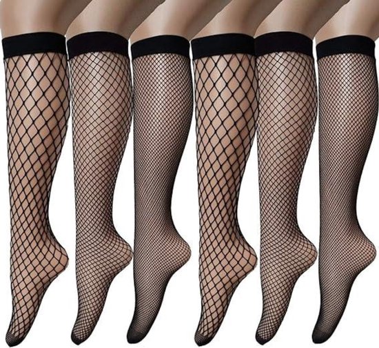 6 stuks dames netkousen, kniekousen, netkousen, holle transparante panty's kuitsokken 23 cm (zwart) van Merkloos