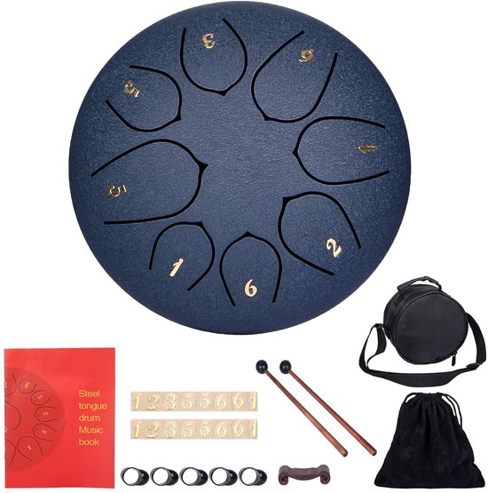 8-Toon Steel Tongue Drum 6 Inch (20 cm) - 8 Noot Steel Drum Set met Reistas, Drumstokken en Notensticker - D Majeur Stemming - Geschikt voor Muziek, Meditatie, Yoga en Healing Sessies - Incl. Muziekboek en 5 Vingerpennen van Merkloos