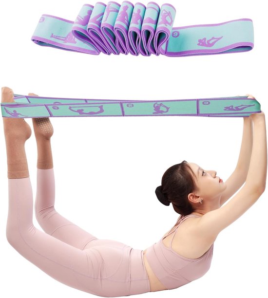 9-rings elastische yogaband - verstelbare stretch - multi-ring oefenband - flexibiliteitstrainingband - 4*110cm - geschikt voor fysiotherapie, dans, pilates en gymnastiek. De multi-ring oefenband verbetert de ideaal voor thuisworkouts - paars.