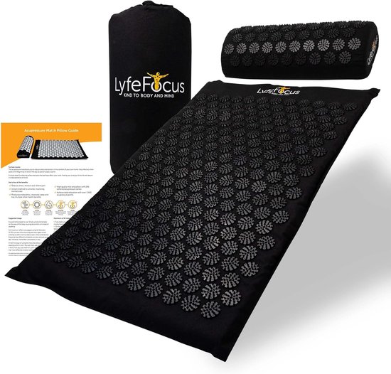 Accupunctuur Mat - Acupressure Mat & Kussen Set - Zwart - Padded Spike - Inclusief Reistas - Voor Spierpijn en Ontspanning