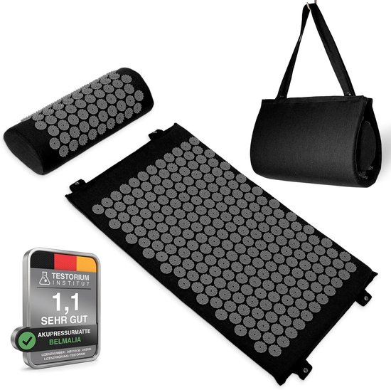 Accupunctuur Mat - Acupressuur Mat en Kussen Set - Zwart - Volledige Lichaamsmassage - Draagbaar met Handvatten - Voor Ontspanning