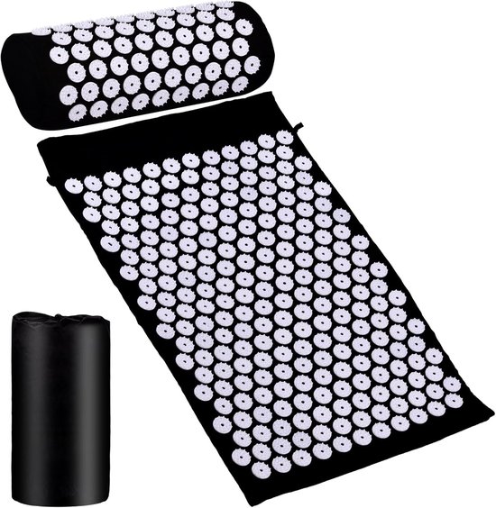 Accupunctuur Mat - Acupressuur Mat Set - Zwart - Inclusief Kussen - Verlicht Spanning en Pijn - Voor Thuis en Kantoor