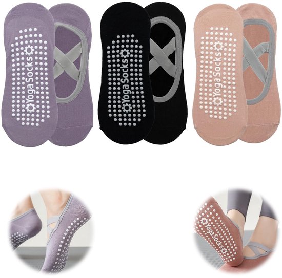 aladdien - Antislip sokken - Yoga sokken - Hoge grip voor Pilates en Fitness - Zwart en Grijs - Danssokken - Ideaal voor vrouwen - 3 paar