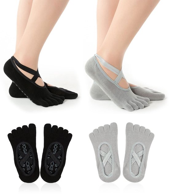aladdien - Yogasokken voor Vrouwen - Antislip 5 Teensokken - Ideaal voor Pilates en Barre - Zwart en Grijs - Comfortabel en Ademend - UK 4-6