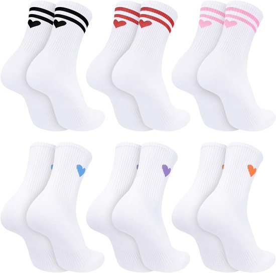 Allecta - Set van 6 paar sokken met hartpatroon voor dames - Grappige sokken voor sportief gebruik met hartmotief - Geschikt voor tennis, hardlopen en wandelen