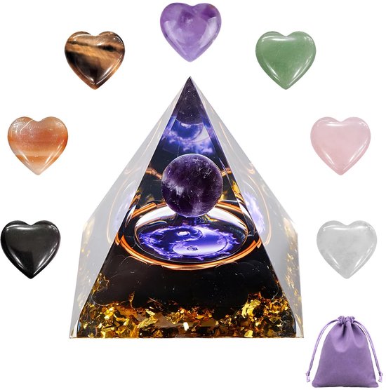 Allecto - 9 Pieces Moonstone Crystal Pyramid - Reiki Energiestenen - Set met Hartjes - Natuurlijk en Uniek - Meditatie en Yoga - Perfecte Liefdesg van allecto