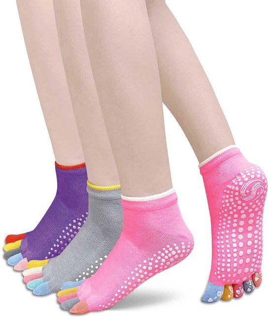 Allecto - Antislip yogasokken - Teensokken voor dames - Rood, grijs en paars - Ideaal voor yoga - Comfort en grip - 3 paar van allecto
